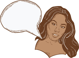 Beautiful young woman talk. Empty speech bubble for sale promotion, text background, quotes. Hand drawn illustration, cartoon comic style vector.