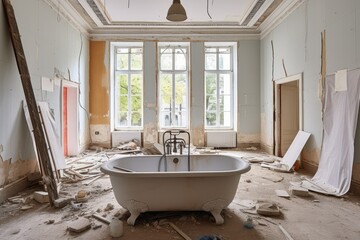 The apartment is in the process of renovation. bathtub in the middle of the bathroom. Empty walls, DIY home renovation, home remodeling
