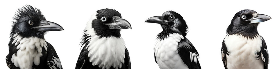 Collection of portraits of Magpie bird black and white feathers, isolated on white background