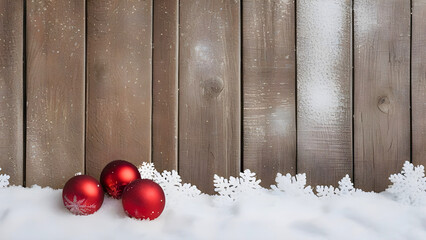 Red Christmas baubles on snow against wooden planks background. Illustration with copy space for design, template, backdrop, banner. Xmas and New Year theme