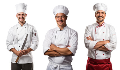 Collection of happy chef in a cap and uniform on a white background isolated white background - obrazy, fototapety, plakaty