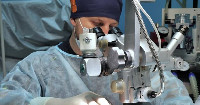 A veterinary ophthalmologist operates on a pet's eyes using a microscope. Eye microsurgery on a pet in a veterinary clinic. A surgeon operates on a pet's eye using an ophthalmic microscope.