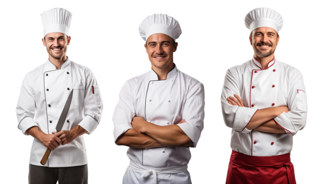 Collection of happy chef in a cap and uniform on a white background isolated white background