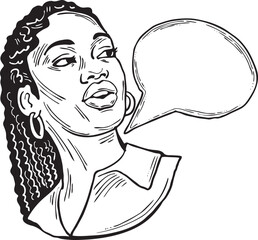 Beautiful young woman talk. Empty speech bubble for sale promotion, text background, quotes. Hand drawn illustration, cartoon comic style vector.
