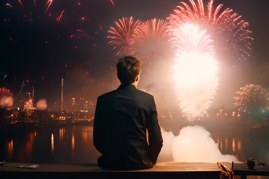 Man watching a vibrant fireworks display over a reflective city river at night.