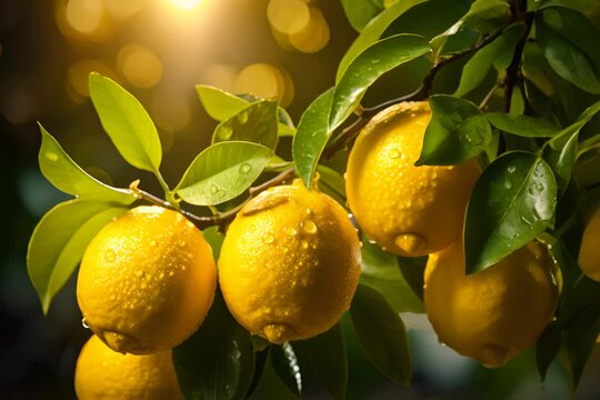 Ripe lemons with water droplets hanging on a branch, bathed in warm sunlight.