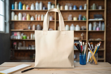 Stylish beige canvas tote bag mockup template on wooden table in art studio. Eco friendly totebag made of natural cotton. Reusable shopper ecobag mock up