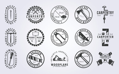 big bundle of wood worker tools logo vector illustration design, vintage style logo design