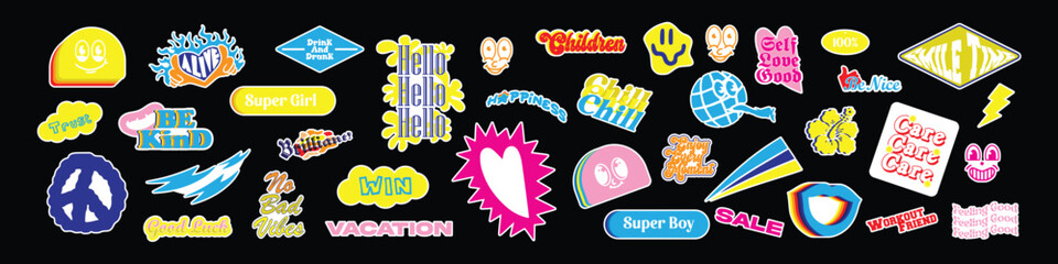 Cool Y2K Stickers Vector Pack. Set of Trendy Groovy Patches. Pop Art Smile Emoji Labels. Vaporwave 2000s Graphics.