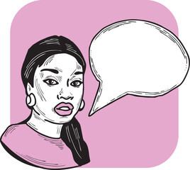 Beautiful young woman talk. Empty speech bubble for sale promotion, text background, quotes. Hand drawn illustration, cartoon comic style vector.