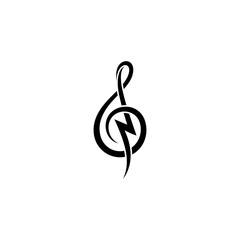 The power of music logo, treble clef music vector design logo with lightning symbol