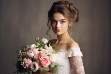 Naklejka premium Portrait of a woman in a wedding dress Beautiful bride holding a bouquet of flowers poses and smiles on her wedding day.