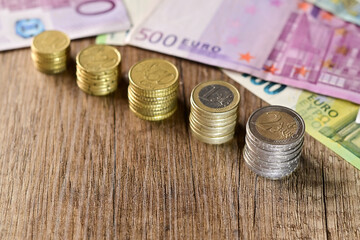 The photo features an assortment of Euro banknotes and coins, showcasing a diverse range of currency denominations.