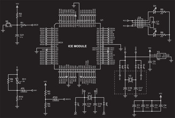 Vector electrical schematic diagram of an digital
electronic device with lcd, operating under the control of a microcontroller.
Sheet 2 of 3.