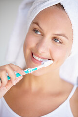 Woman, toothbrush and smile for clean hygiene in bathroom for healthy mouth, gum dental care or...