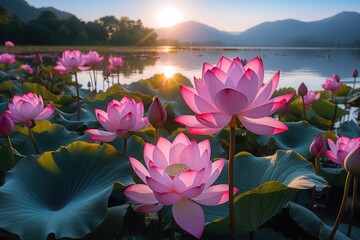 pink lotus flowers on a lake