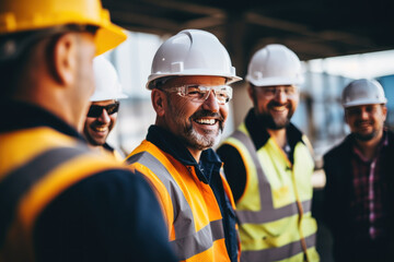 A group of smiling engineers and professionals wearing hard hats and helmets on a construction site