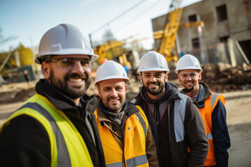 A group of smiling engineers and professionals wearing hard hats and helmets on a construction site