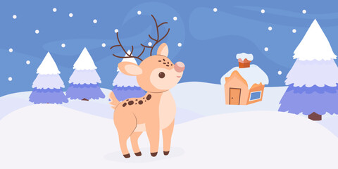 Cute Deer in winter forest. winter Landscape. vector flat