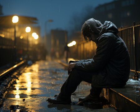 A man sitting and contemplating her sadness and depression, mental health, Generative AI