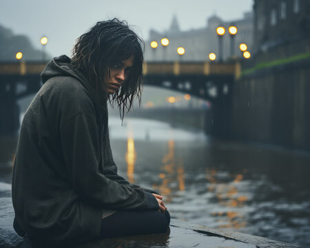 Woman sitting and contemplating her sadness and depression, mental health, Generative AI
