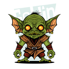 Green goblin cartoon character. Vector clip art illustration . Full body goblin.