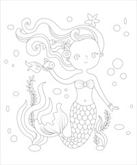Cute mermaid sitting on stone. Hand drawn cartoon illustration. Isolated on white. ART Artist_polash