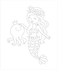 Cute mermaid sitting on stone. Hand drawn cartoon illustration. Isolated on white. ART Artist_polash