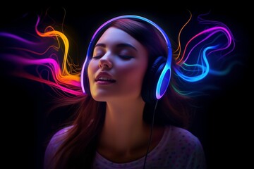 Woman wearing headphones Musical Euphoria: Woman Immersed in Vibrant Emotions, Surrounded by Dynamic Sound Waves and Abstract Light Effects