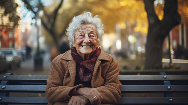 lady over 60 years old, smiling, happy, free, sitting on a bench, with a background of a street