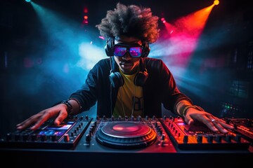 Afro Dj Mixing Music In Colorful Night Club