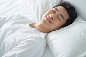 Asian Man Happily Sleeping On White Bed With White Blanket