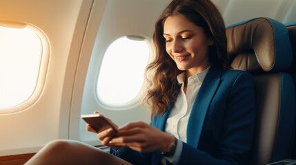 Fototapeta premium A Smiling female businesswoman or female entrepreneur in a suit using a smartphone while sitting on an airplane Online communication on airplanes
