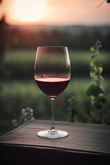 Glass of red wine on the table outdoors on blurred natural background at sunset