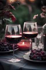 Two glasses of red wine and fresh grapes on the table served outdoors