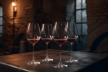 Glasses of red wine on the table in wine shop or winery cellar
