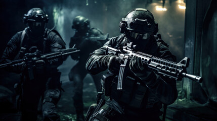 Naklejka premium A team of military special forces infiltrating a high security facility using night vision goggles and suppressed firearms