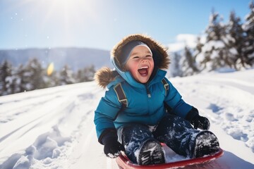 Fototapeta na wymiar Child Laughing On Snow Sled During Winter