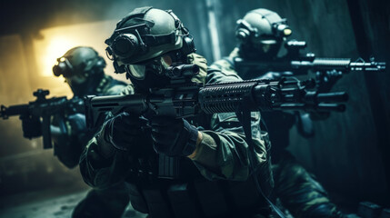 A team of military special forces infiltrating a high security facility using night vision goggles and suppressed firearms - Powered by Adobe
