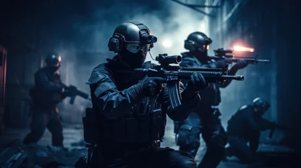 Tuinposter A team of military special forces infiltrating a high security facility using night vision goggles and suppressed firearms © เลิศลักษณ์ ทิพชัย