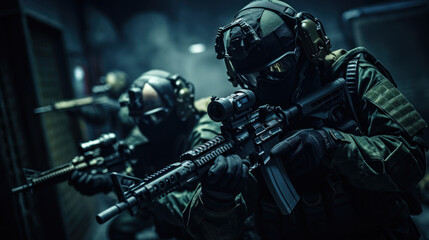 A team of military special forces infiltrating a high security facility using night vision goggles and suppressed firearms - obrazy, fototapety, plakaty