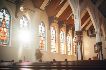 Church With Stained Glass Windows And Shining Light