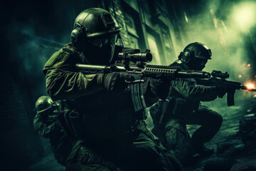 A team of military special forces infiltrating a high security facility using night vision goggles and suppressed firearms - obrazy, fototapety, plakaty