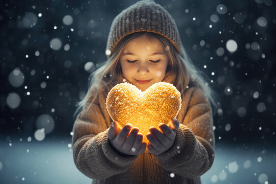Child Holds Glowing Heart In Snowy Night Kindness Concept. Сoncept Winter Wonderland Photoshoot, Magical Nighttime Portraits, Heartwarming Gestures, Snowy Love And Kindness, Glowing Hearts In The Dark