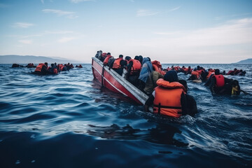 Dangerous Boat Journey For Refugees And Migrants. Сoncept Climate Change And Its Impact On Wildlife, Sustainable Fashion Choices, Mental Health Awareness In The Workplace. Сoncept Migration Crisis - obrazy, fototapety, plakaty