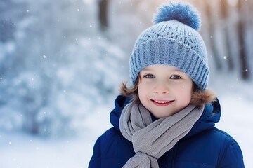 Fototapeta na wymiar Cute Snowman In Blue Hat And Scarf In Forest