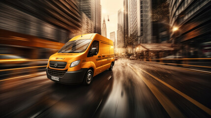An orange delivery van drives through the city against a blurred city street background.