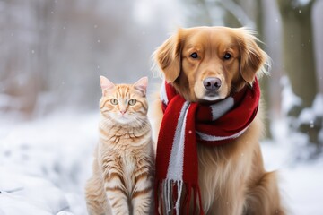 Dog And Cat Wearing Red Scarves In Snowy Forest