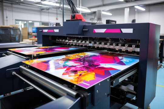 Digital Inkjet Printing Machine In Production. Сoncept High Speed Printing, Precise Color Matching, Large Format Printing, Efficient Production, Versatile Printing Options