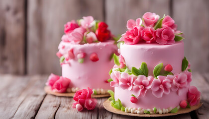 Beautiful pink cake with flowers in the wooden background.